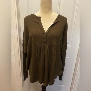 Free People Olive Button-Up Blouse